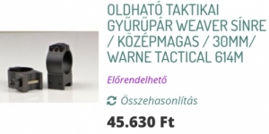 Warne 614M oldhat gyrpr weaver snre, 30mm, kzpmagas tvcsszerelk